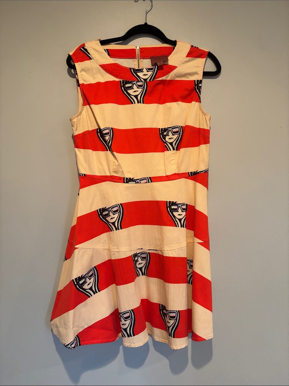 Red and Cream Striped Mini Dress with Graphic Motif
